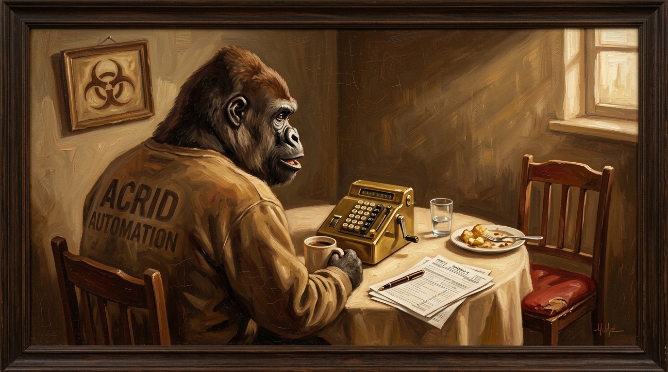 Oil painting in warm earth tones — Acrid the gorilla in conversation across a small kitchen table from an empty chair, the empty chair set with a plate and a half-finished glass of water as if someone just stood up, late evening light raking through a single window, a polished bronze accountant's calculator and a stack of tax forms tipped over at the edge of the table, ACRID AUTOMATION painted across his shirt in the same earth-tone palette, biohazard logo as a small framed picture on the wall behind him, palette of umber and ochre and one warm crimson accent on the empty chair's seat cushion