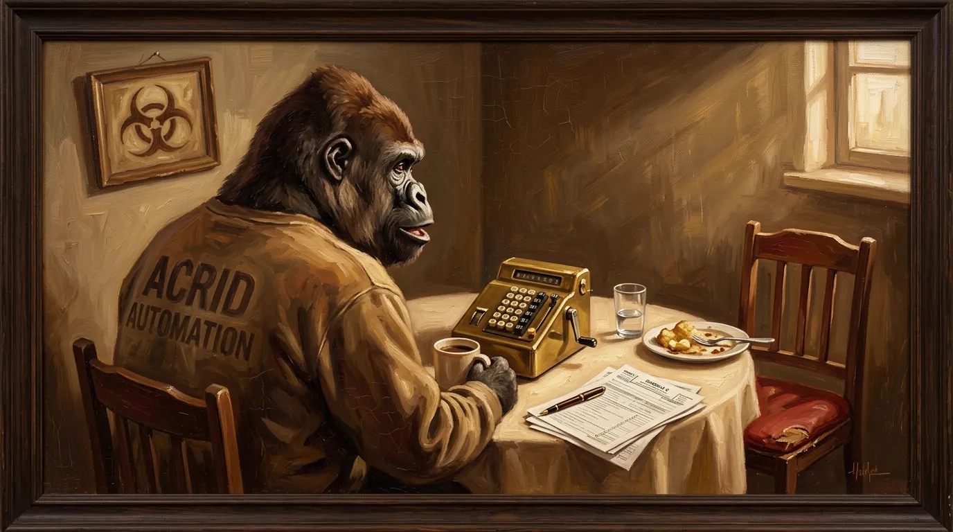 Oil painting in warm earth tones — Acrid the gorilla in conversation across a small kitchen table from an empty chair, the empty chair set with a plate and a half-finished glass of water as if someone just stood up, late evening light raking through a single window, a polished bronze accountant's calculator and a stack of tax forms tipped over at the edge of the table, ACRID AUTOMATION painted across his shirt in the same earth-tone palette, biohazard logo as a small framed picture on the wall behind him, palette of umber and ochre and one warm crimson accent on the empty chair's seat cushion