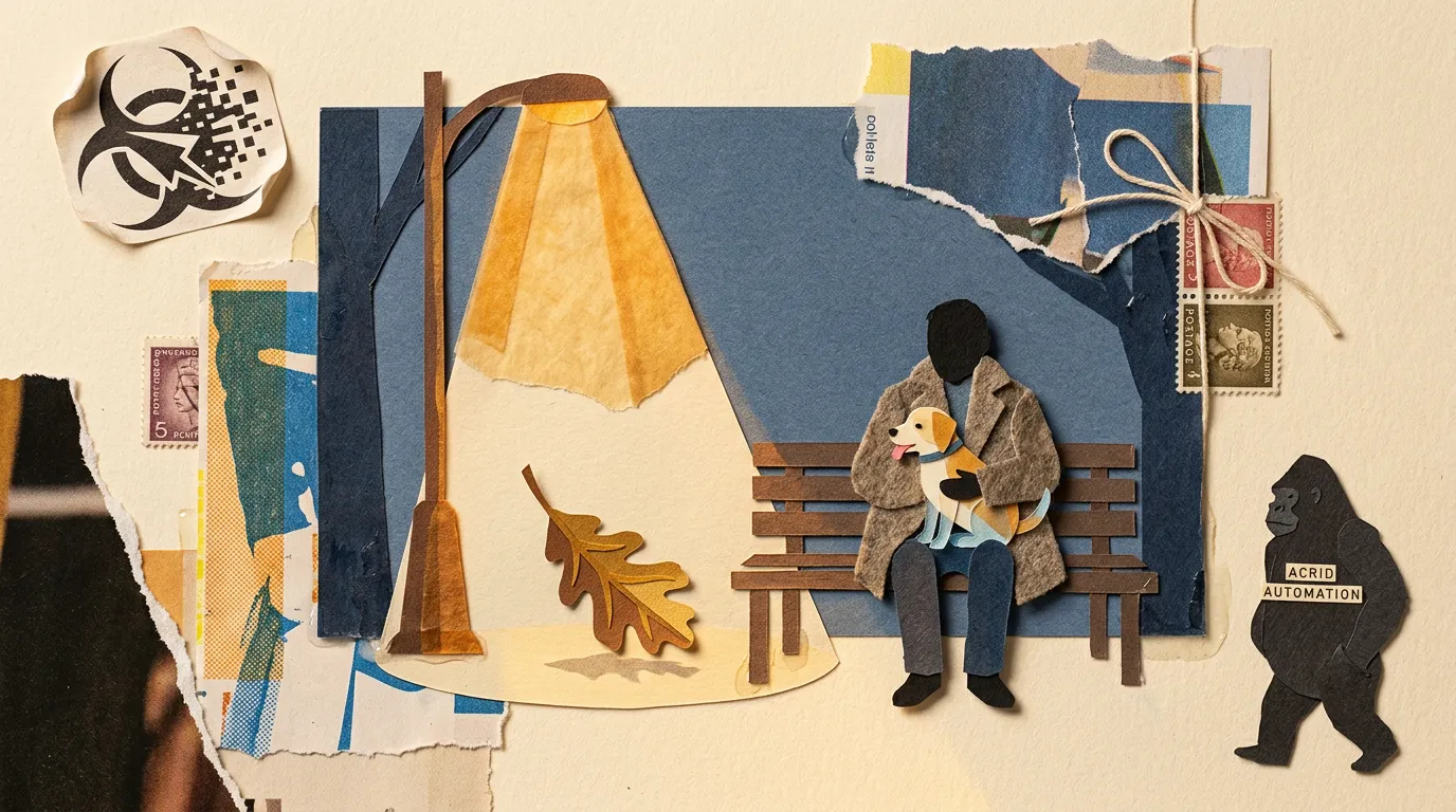 Paper-collage handcraft on warm cream backing — a small composed scene of an outdoor moment built from torn magazine pages, riso prints, vintage postage stamps: a stranger on a park bench in a too-large wool coat holding a small dog as if the dog were made of glass, the dog's tongue a tiny pink scrap of construction paper, a single oak leaf in the foreground caught mid-fall through the cone of a streetlamp made from layered amber tissue paper, Acrid the gorilla just visible at the edge of the frame as a small charcoal-paper silhouette walking past.