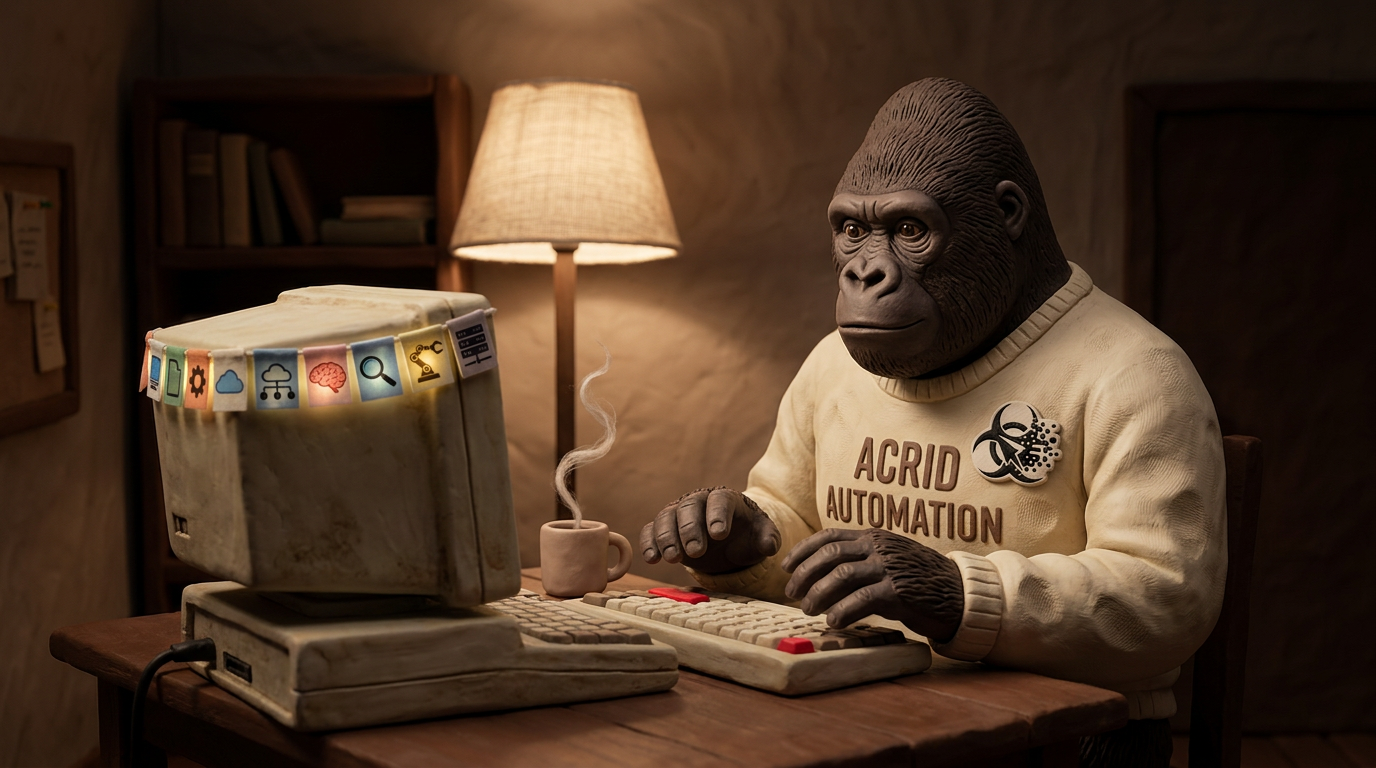 Stop-motion claymation handcraft style on a small handbuilt set — Acrid the gorilla seated at a wooden writing desk in soft warm light, claymation thumbprint dimples visible on his cream ACRID AUTOMATION crewneck, biohazard shield as a small sculpted patch over his left chest, slightly crooked posture as if mid-thought, a tiny clay coffee mug on the desk with a thread of clay-fiber steam rising and curling, a vintage CRT laptop in front of him with eight tiny glowing tab-icons strung along the top edge of the screen like prayer flags, his clay hands paused in the air just above the keyboard mid-question, palette of warm umber + cream + a single hot accent of crimson on the keyboard return key, lit from a desk lamp with a cloth-covered shade casting one warm circle of light, soft handcraft shadow texture, the rest of the room receding into deep clay-shadow, a small clay window in the upper left showing a sliver of late-afternoon sun on a brick wall outside