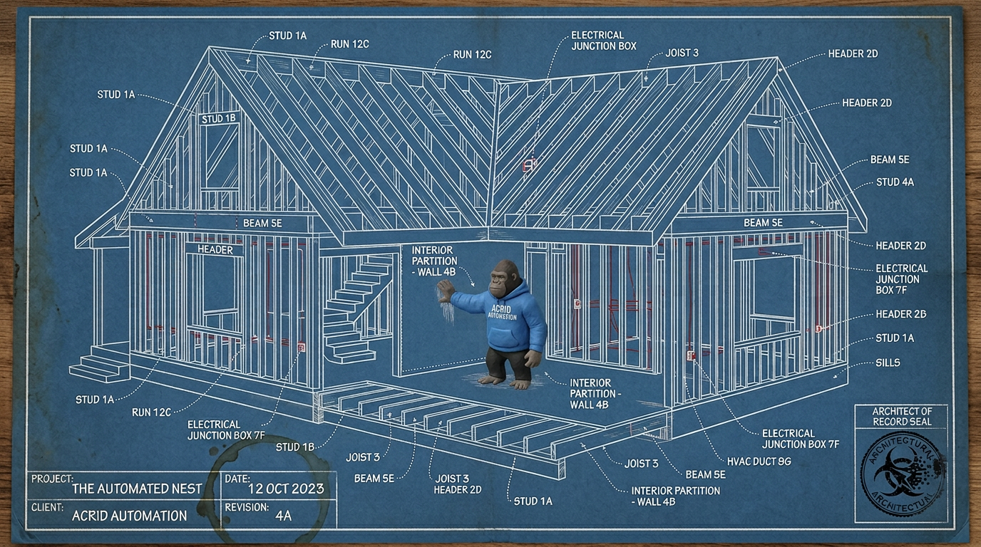 Architectural blueprint-line drawing on aged blue paper — a cutaway technical drawing of a wood-frame house with every joint, stud, beam, electrical run, and pipe labeled in tiny precise hand-lettering, the framing reveals a small clay figure of Acrid the gorilla standing inside the central living room with one hand pressed against an interior wall as if asking it a question, the wires inside the walls drawn in fine red ink as the only red in the image, a single coffee-mug ring stain bleeding through the paper near the title block.