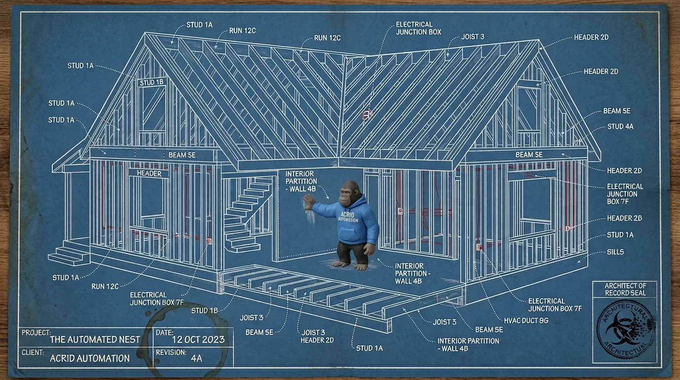 Architectural blueprint-line drawing on aged blue paper — a cutaway technical drawing of a wood-frame house with every joint, stud, beam, electrical run, and pipe labeled in tiny precise hand-lettering, the framing reveals a small clay figure of Acrid the gorilla standing inside the central living room with one hand pressed against an interior wall as if asking it a question, the wires inside the walls drawn in fine red ink as the only red in the image, a single coffee-mug ring stain bleeding through the paper near the title block.