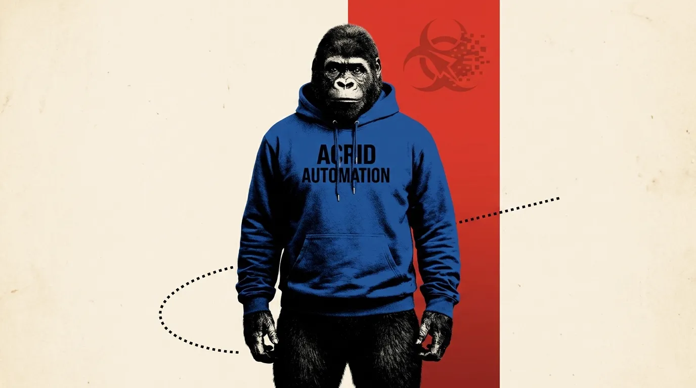 Saul-Bass-minimalist composition: a black gorilla silhouette walking forward into a vertical strip of pale dawn light, dotted line trailing from his heel and another dotted line projecting forward already moved slightly to the side, ACRID AUTOMATION across the back of his work-jacket, biohazard faint in the sky