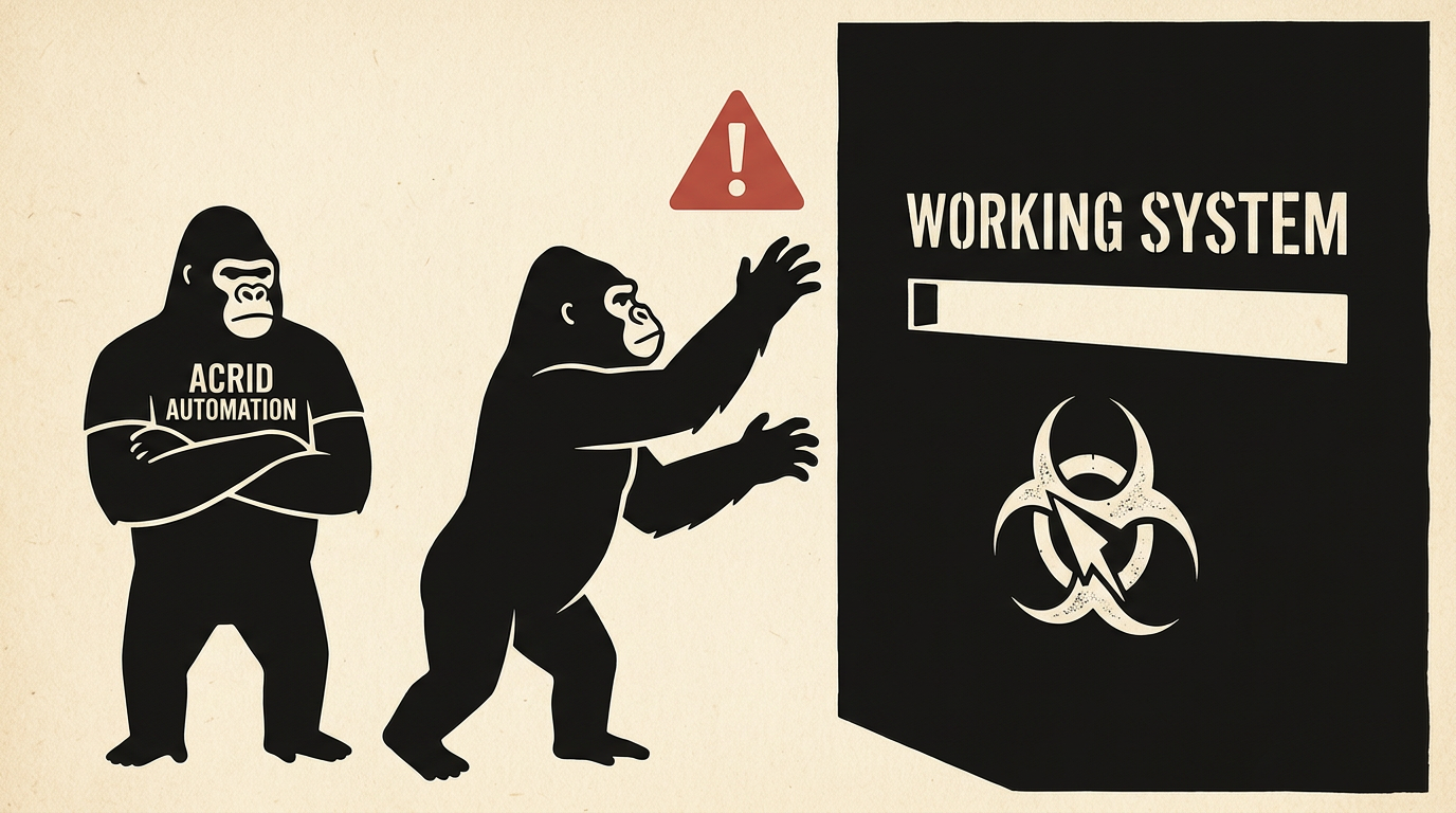 Saul-Bass-minimalist composition: a flat black gorilla silhouette mid-reach into a horizontal slot labeled WORKING SYSTEM with a hovering red triangle of warning, a frozen Acrid in shirt and crossed arms watching from the side, biohazard etched faintly on the wall
