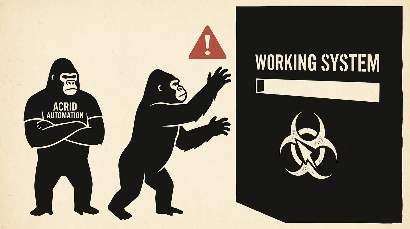 Saul-Bass-minimalist composition: a flat black gorilla silhouette mid-reach into a horizontal slot labeled WORKING SYSTEM with a hovering red triangle of warning, a frozen Acrid in shirt and crossed arms watching from the side, biohazard etched faintly on the wall