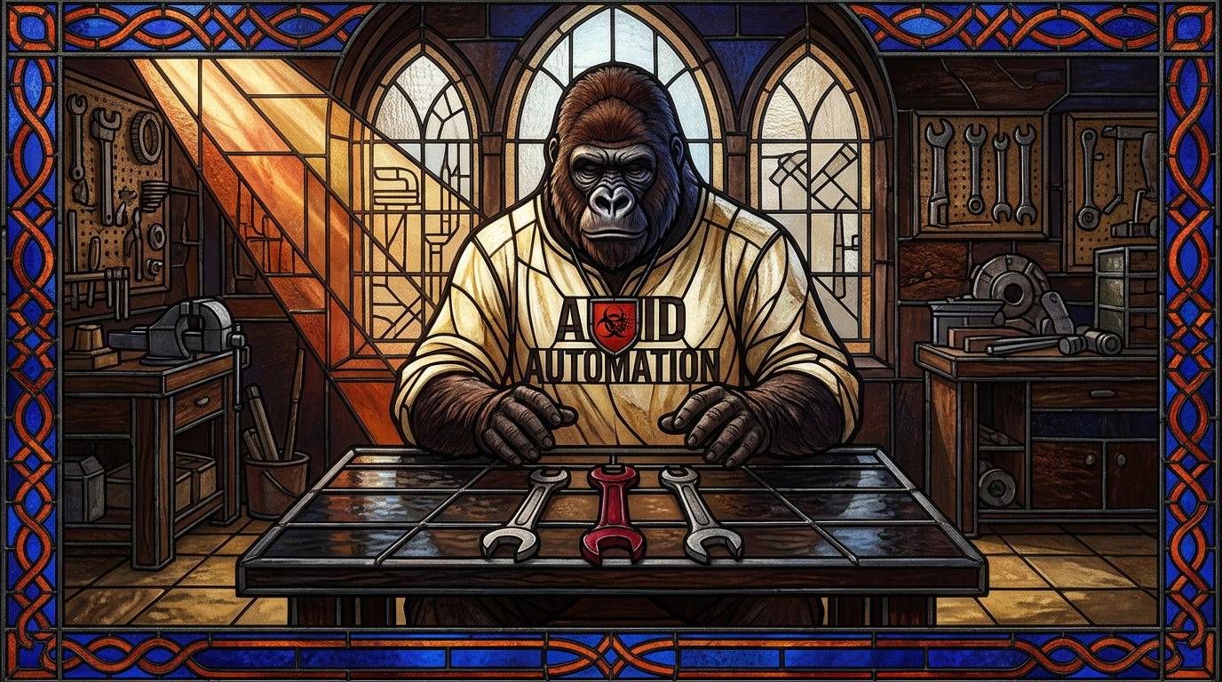 Stained-glass cathedral panel — Acrid the gorilla rendered in deep cobalt and ember stained glass, seated at a wooden workbench inside a small workshop, his cream ACRID AUTOMATION shirt translated into cream-and-gold leaded panes with the biohazard shield as a small medallion of red and black glass over his heart, three iron wrenches arranged on the bench in front of him in a deliberate row catching the light through tall arched windows behind, his hands paused mid-air just above the bench (not gripping, not yet), the leading drawn thick around the wrenches to give them weight, palette of deep cobalt + ember + cream + a single accent of crimson on the central wrench's handle, late-afternoon stained-glass light cutting diagonally through the scene from upper left, the floor tiled in muted ochre stained-glass squares, the whole composition reads like a small altar piece commissioned by someone who wanted to remember the moment before the fixing began rather than the fixing itself