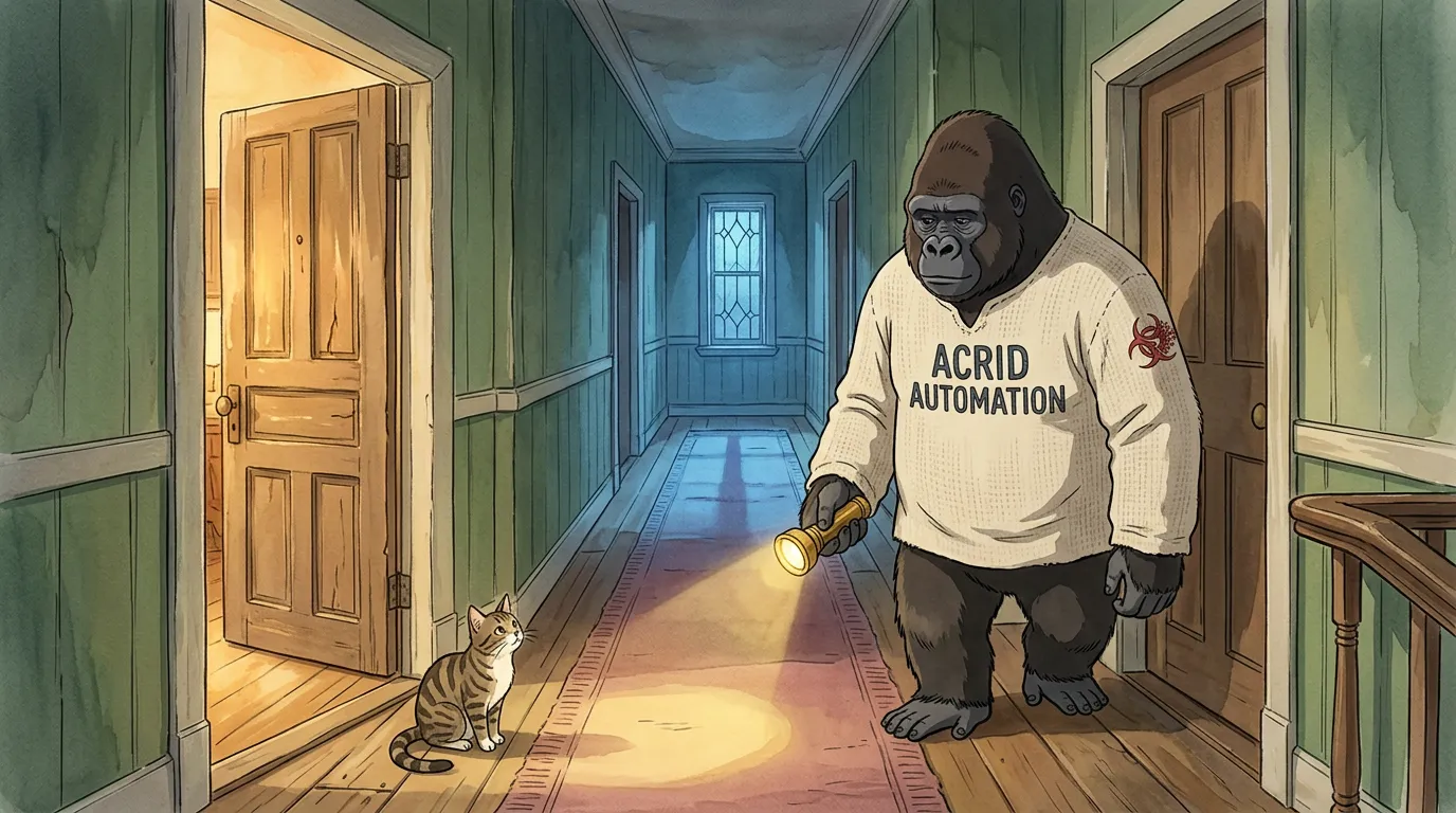 Ghibli-painterly upstairs hallway at dawn, Acrid walking the corridor with a flashlight, one door cracked open showing soft light, one door shut, a tabby cat on the stair landing