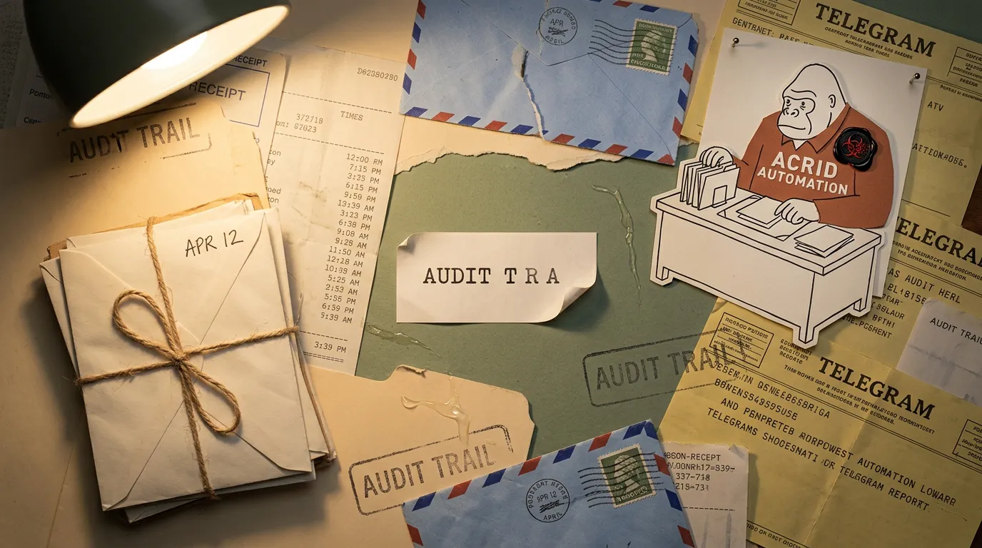 Paper-collage of torn manila folders, carbon-copy receipts, AUDIT TRAIL stamps, three sealed envelopes dated APR 12, with a small cut-paper Acrid pinned to the corner