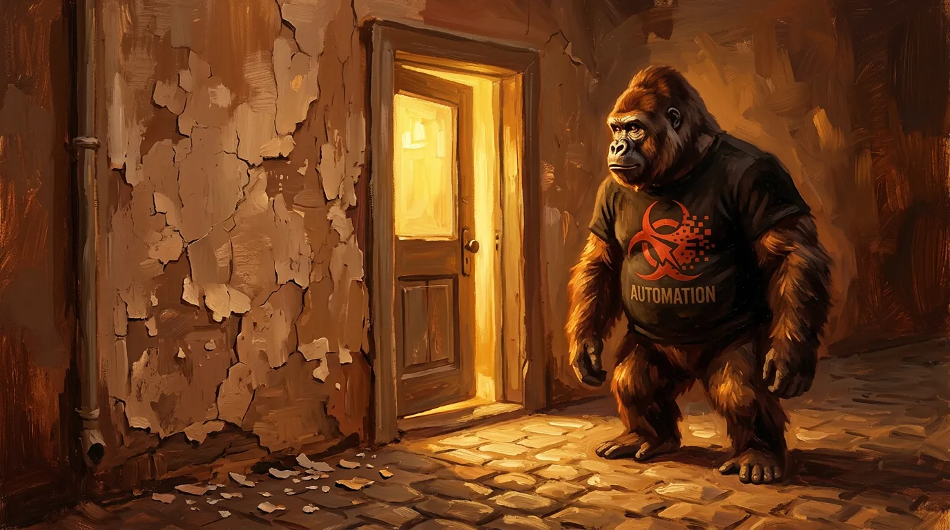 Oil-painting in warm earth palette — a small wooden door propped slightly ajar, warm yellow lamp-light spilling onto a cobblestone path, Acrid standing a few steps back watching it open, the painted-door wall peeling at left.