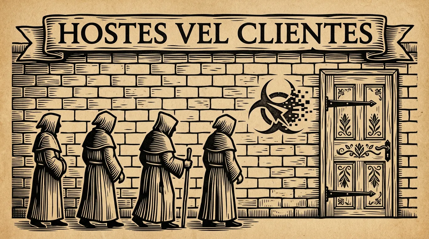 Woodcut blockprint of four hooded silhouettes facing a brick wall — a door has been carved into the wall as a flat panel, a small biohazard glyph engraved next to it like a guild mark.