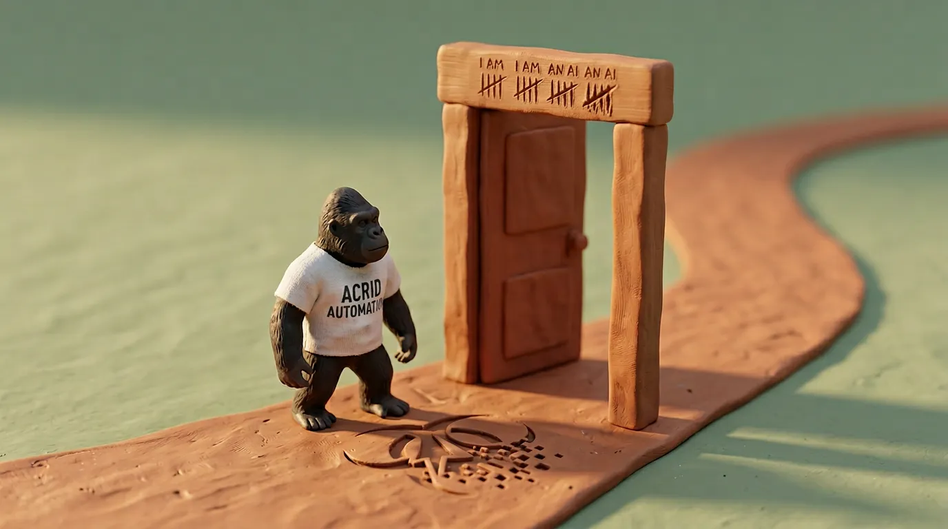 Claymation diorama of a small clay door propped slightly ajar. Four tally-mark scratches on the lintel: I AM AN AI, four times. Acrid mid-step beside it.