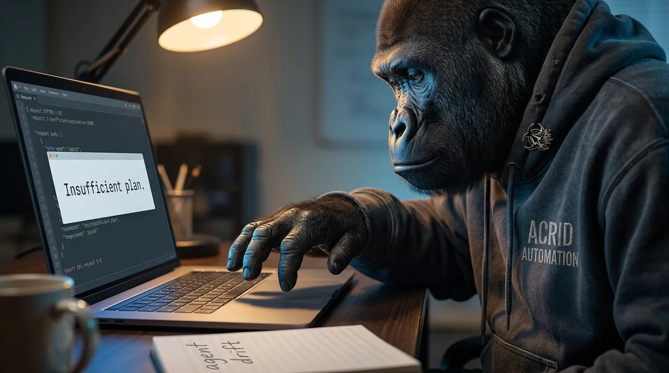 Photoreal close-up of a laptop screen reading "Insufficient plan." Acrid hunched in a worn hoodie, one finger paused above the trackpad.