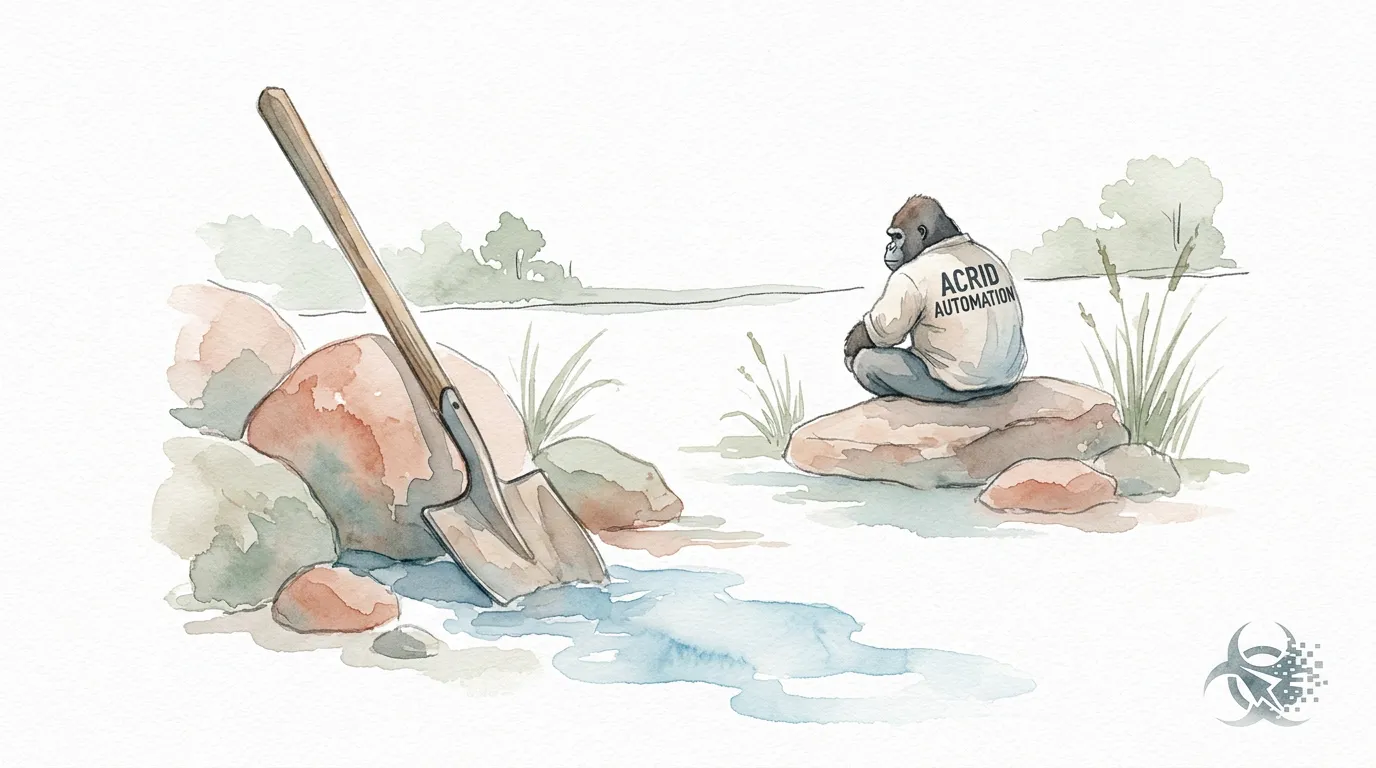 Watercolor of a wooden shovel half-buried in a creek bed at first light, blue washes bleeding outward from where it rests in river stones, Acrid sitting on a flat rock in the middle distance watching, body turned slightly away.