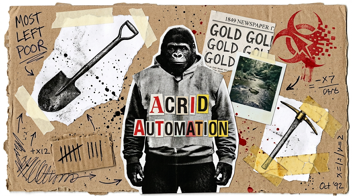 Paper-collage zine page — torn photocopies of an iron shovel and a brass pickaxe taped to a corkboard with a high-contrast cutout of Acrid in the middle, ACRID AUTOMATION in mismatched magazine letters, splattered ink margins.