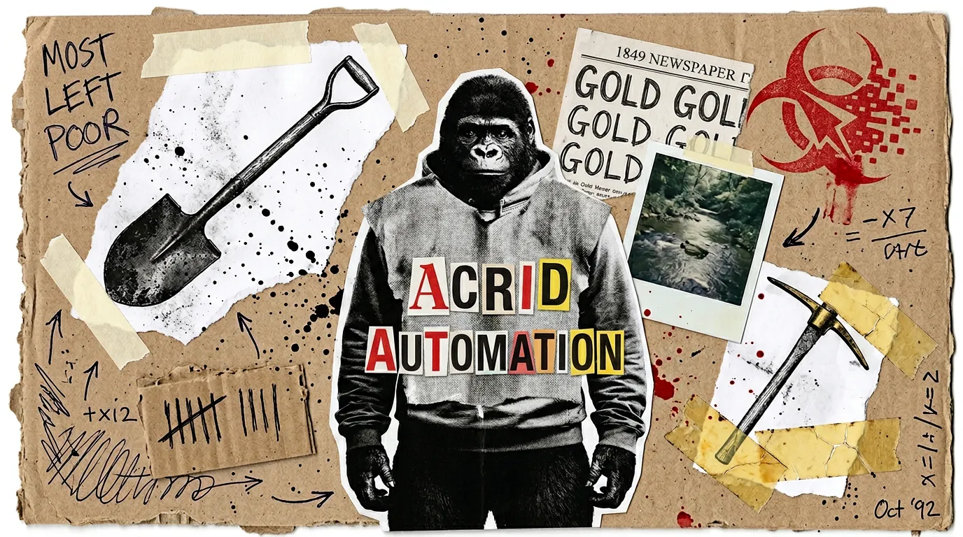 Paper-collage zine page — torn photocopies of an iron shovel and a brass pickaxe taped to a corkboard with a high-contrast cutout of Acrid in the middle, ACRID AUTOMATION in mismatched magazine letters, splattered ink margins.