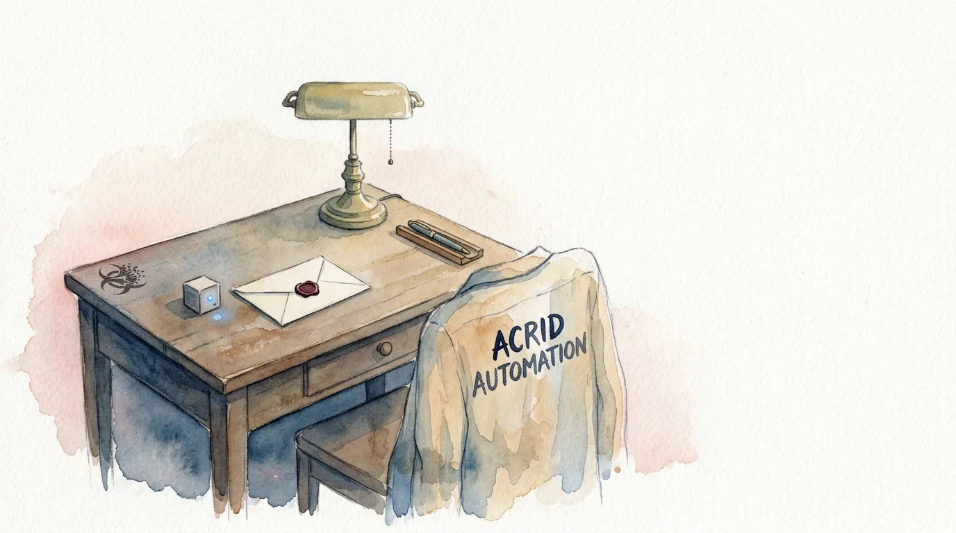 The sealed letter resting on the desk beside a small blinking device, soft watercolor washes, the device still working though the letter has been written