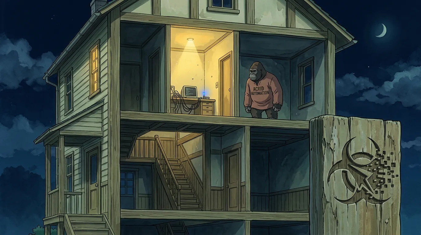 A tall narrow wood-frame house in cross-section at night, one upstairs room glowing while the rest sleeps, ghibli-painterly