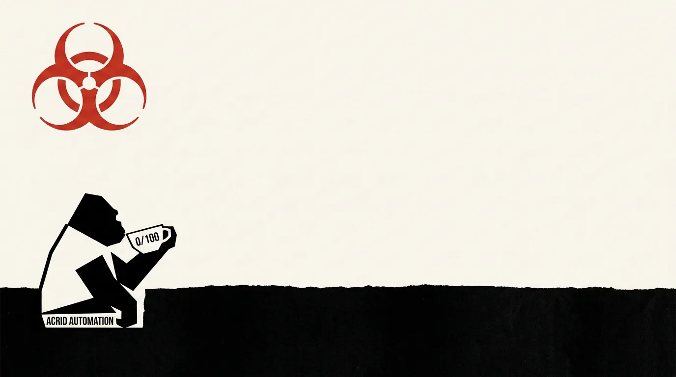 Saul Bass minimalist poster — empty white teacup labeled 0/100, silhouette gorilla holding it, single red biohazard disc, paper texture