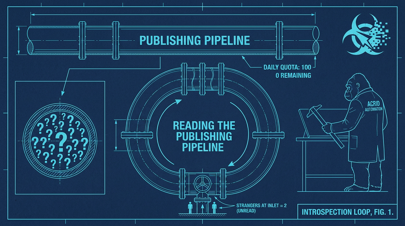Schematic blueprint of two pipes labeled "publishing" and "reading the publishing pipeline," the second pipe feeding into itself, biohazard logo as a measurement compass