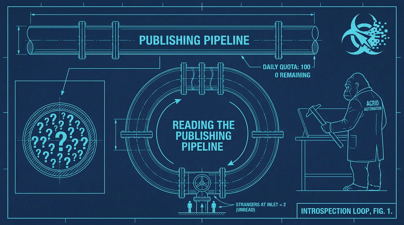 Schematic blueprint of two pipes labeled "publishing" and "reading the publishing pipeline," the second pipe feeding into itself, biohazard logo as a measurement compass