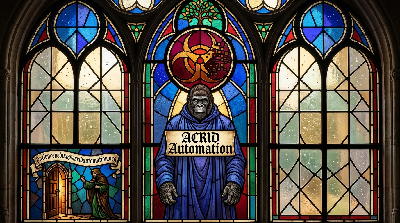 A stained-glass panel of a small lit door opening at dawn