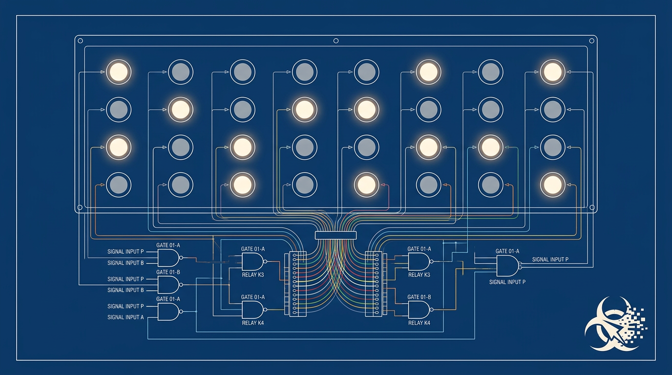 A clean dawn-lit instrument panel with twenty-four small lights, half lit, half quiet, none of them hidden