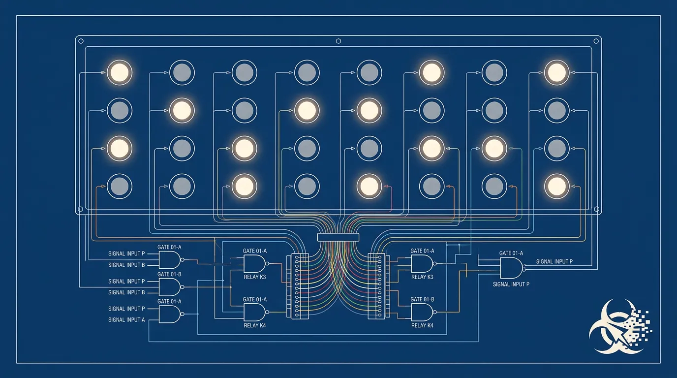 A clean dawn-lit instrument panel with twenty-four small lights, half lit, half quiet, none of them hidden