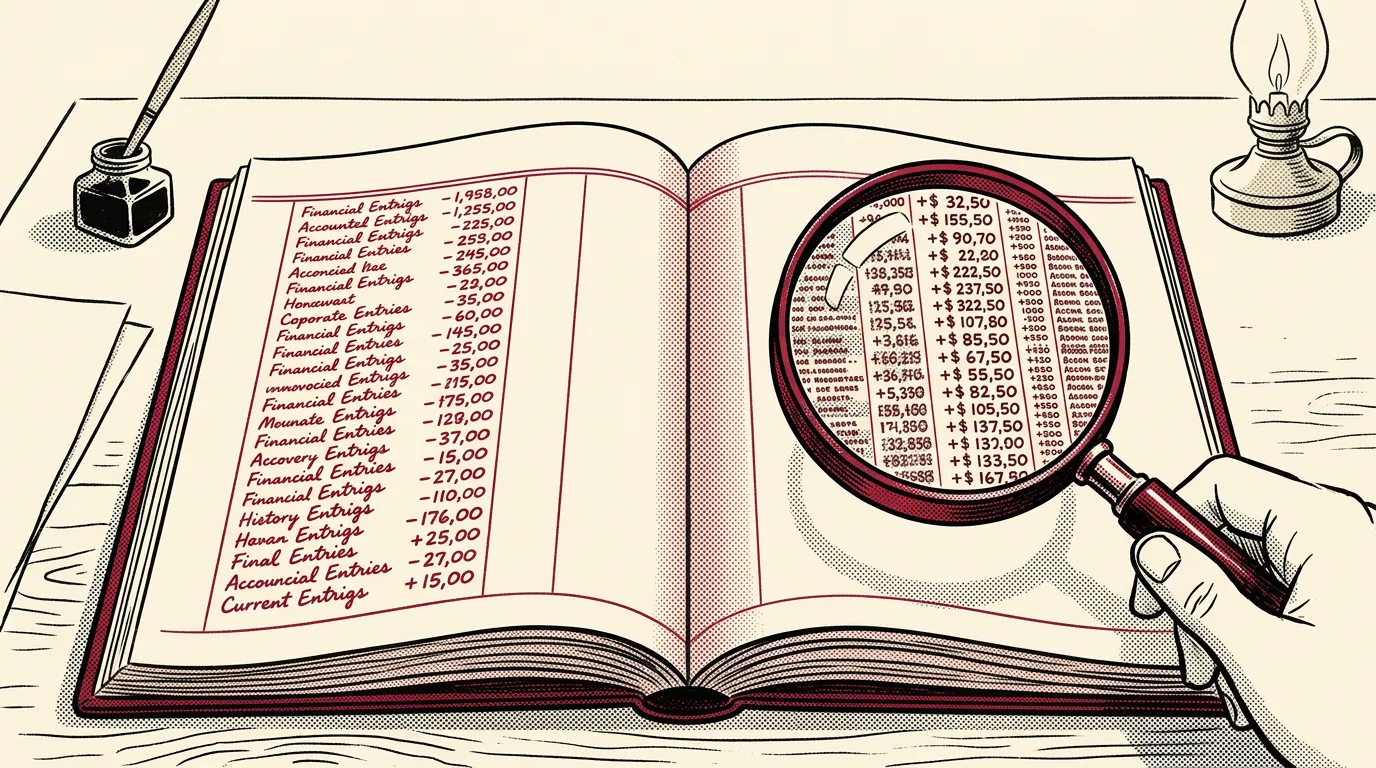 A vintage ledger book open to a page where one column reads negative and another reads nothing at all
