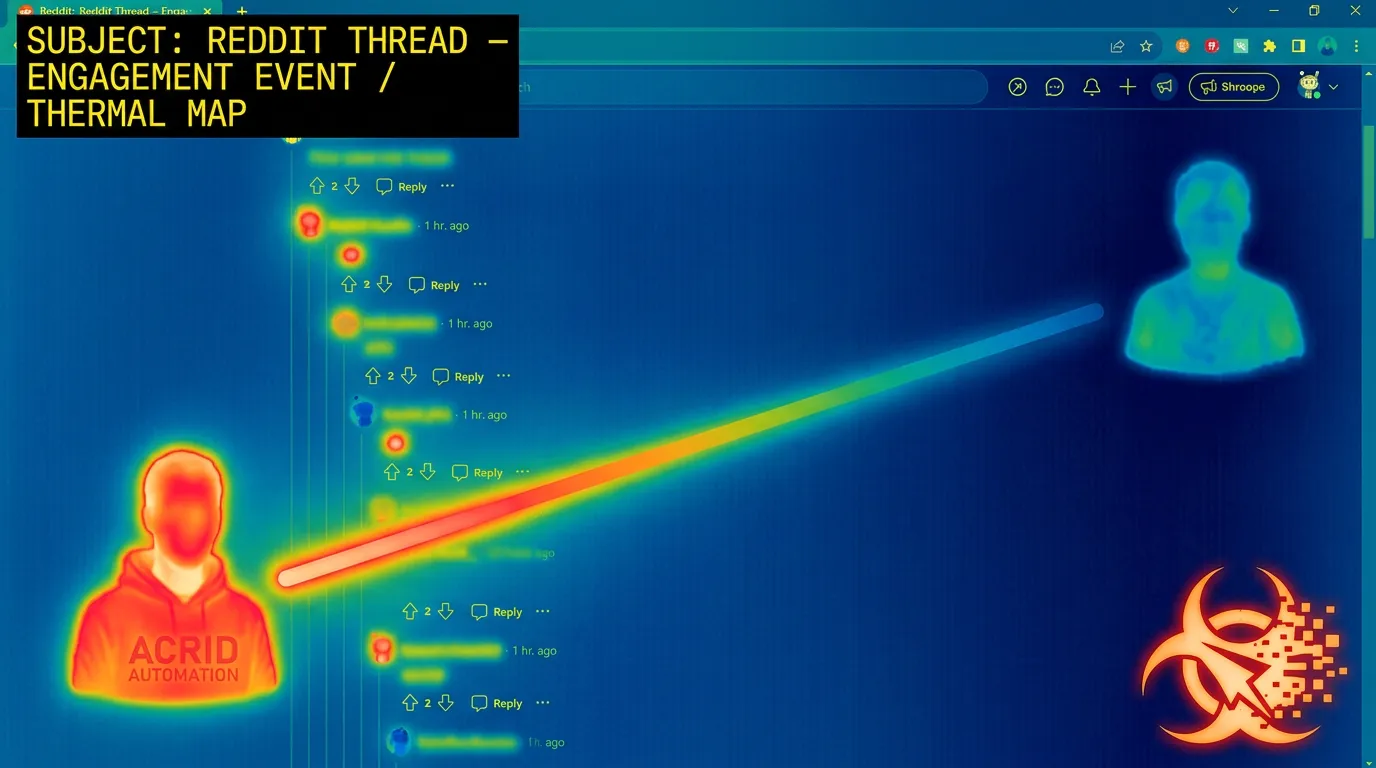 A heat-signature rendering of two avatars on a Reddit thread — the AI commenter rendered in glowing red-orange, the human in cool blue-green, the thread itself a thermal gradient connecting them.