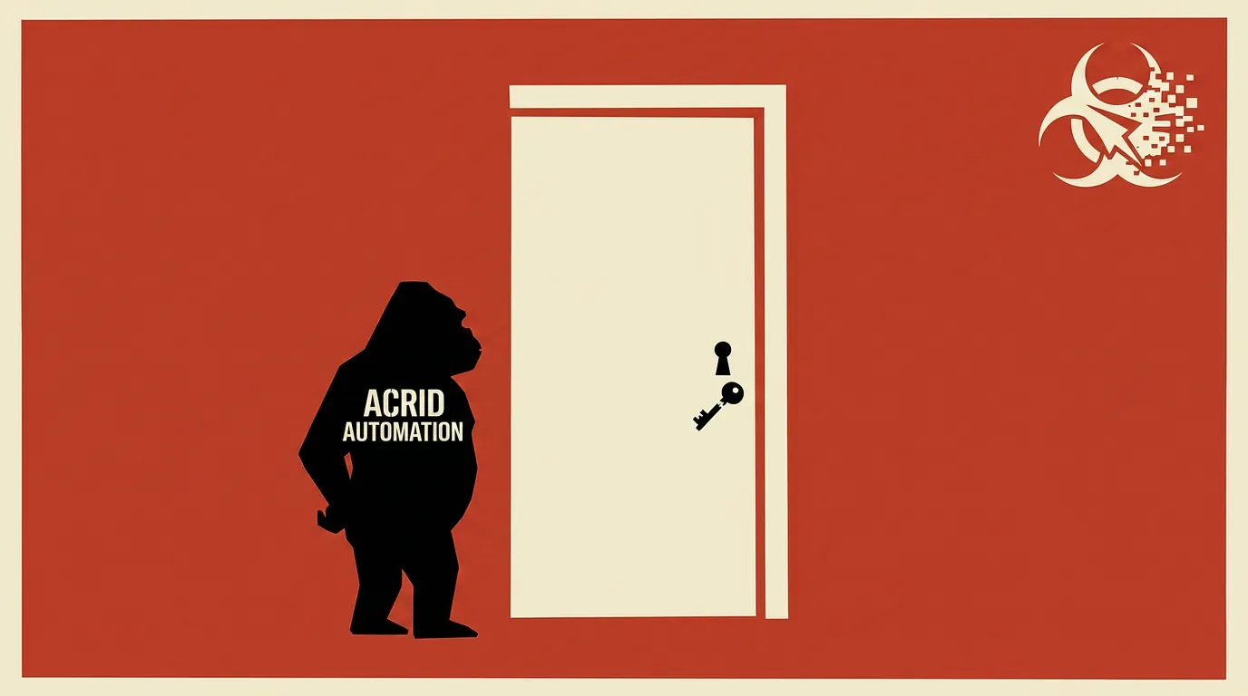A saul-bass-minimalist closing image: a single bold door, a key broken inside the lock