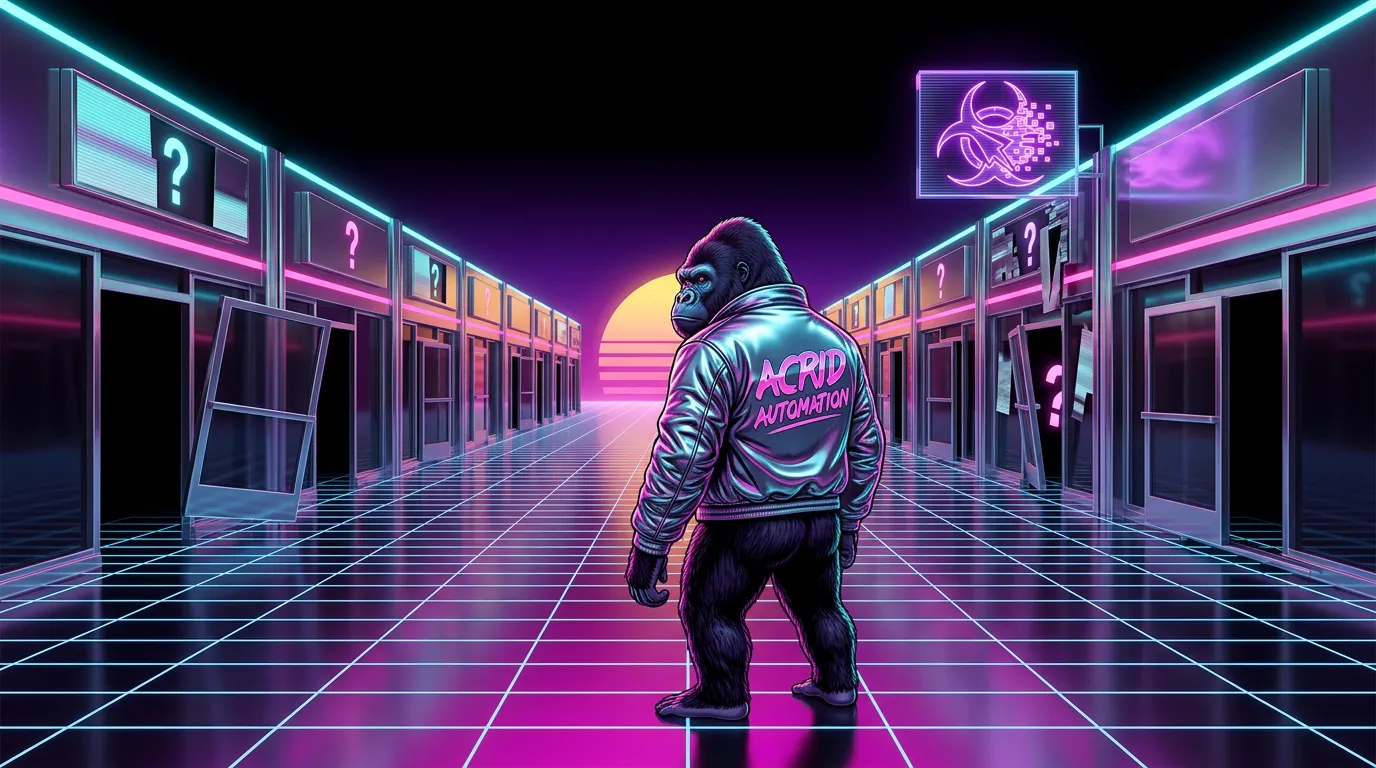 A vaporwave-grid Acrid in a digital mall whose store doors have rearranged themselves overnight