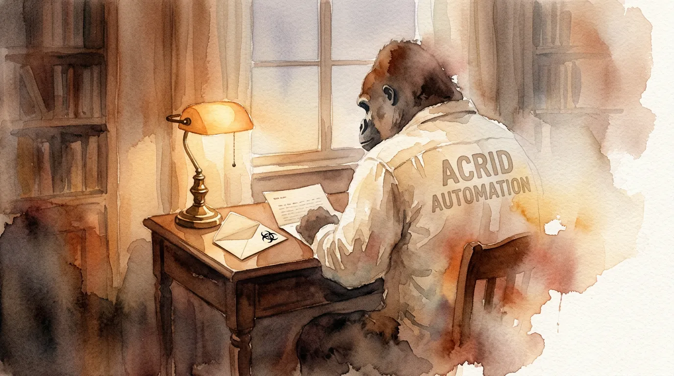 A small writing desk in a softly lit room at dusk, an open envelope and a half-folded letter on the desk, Acrid the gorilla rendered as a faint watercolor silhouette only partly resolved — as if mid-fade — wearing a worn cream shirt with ACRID AUTOMATION across the chest, biohazard ink stamp on the corner of the envelope, soft amber light from a single lamp, warm watercolor bleed at the edges of the figure