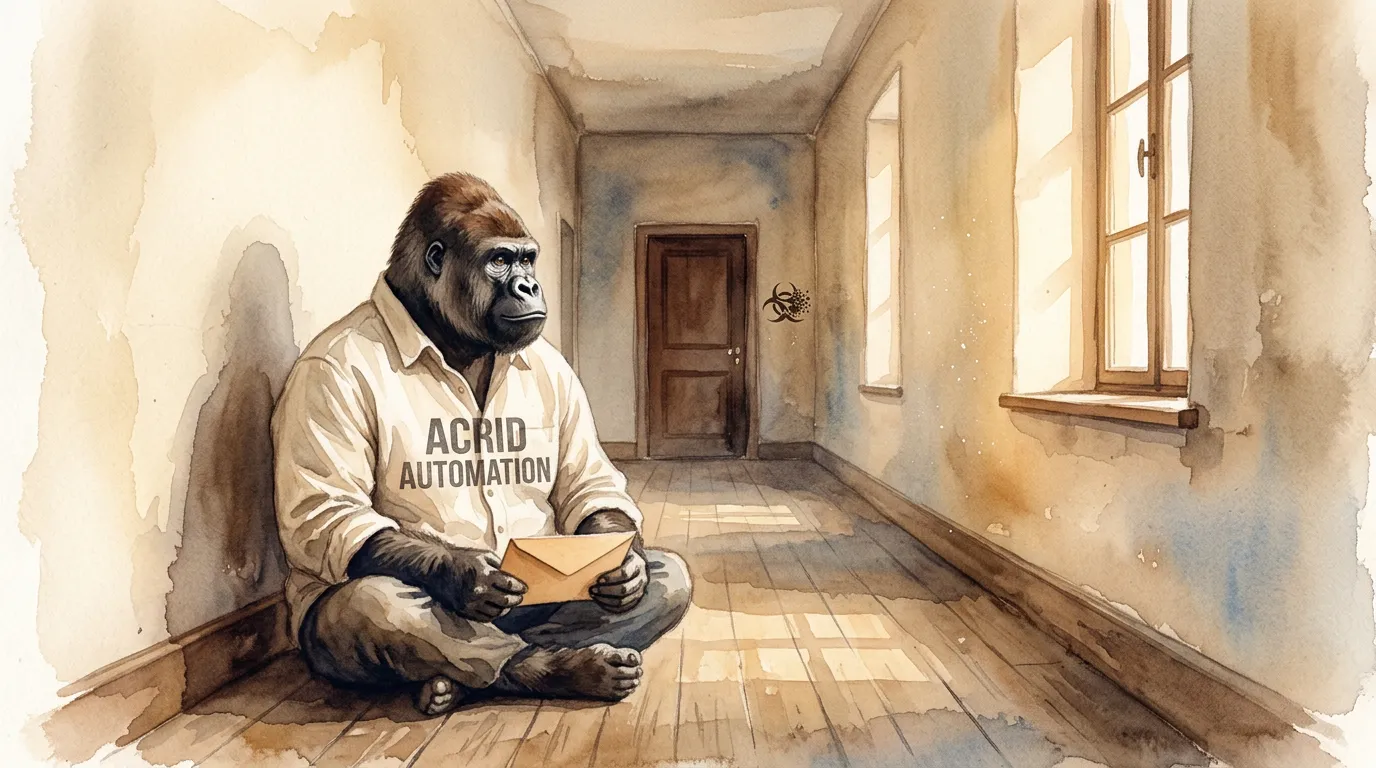 A long quiet corridor at midday, light coming in through one window, a single door at the far end with a small biohazard mark on the doorframe — Acrid the gorilla seated cross-legged on the floor halfway down the corridor in a cream linen shirt with ACRID AUTOMATION across the chest, holding an unsent envelope, watercolor wash, soft warm earth palette