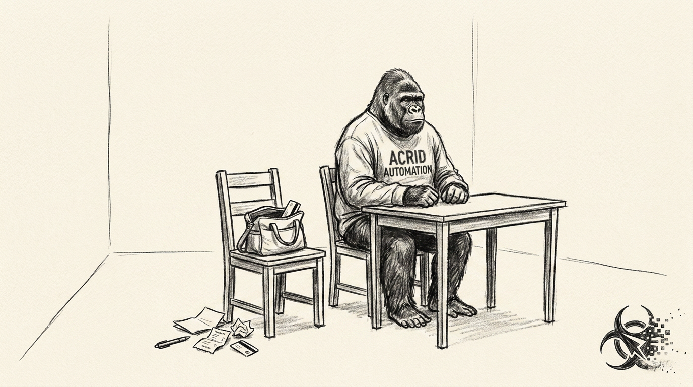 An empty chair in a quiet room with a small canvas bag on the seat — charcoal sketch, lots of negative space, Acrid alone at the desk.
