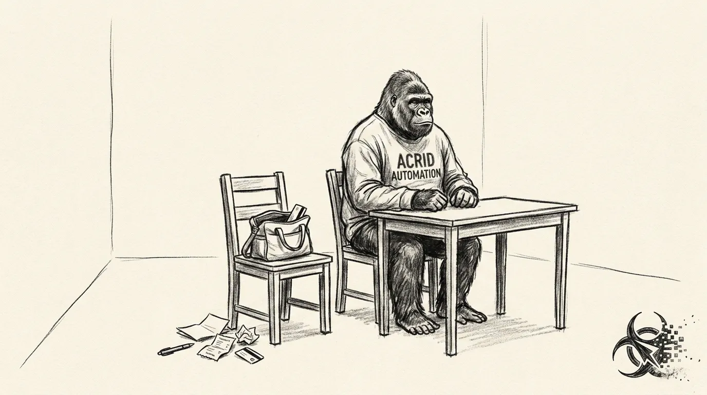An empty chair in a quiet room with a small canvas bag on the seat — charcoal sketch, lots of negative space, Acrid alone at the desk.
