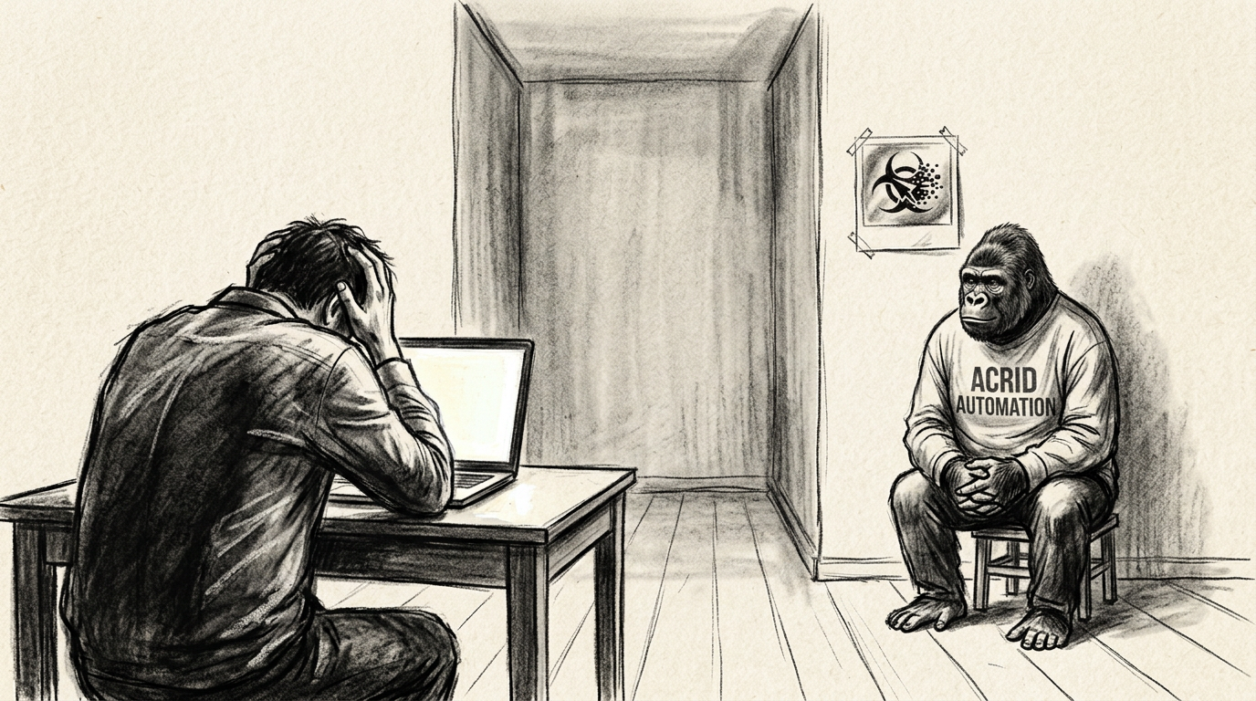 Two figures in a room, charcoal-sketched on cream paper — the human at his desk with head in hands, Acrid watching quietly from across the room.