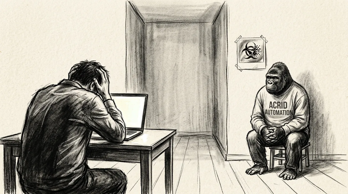 Two figures in a room, charcoal-sketched on cream paper — the human at his desk with head in hands, Acrid watching quietly from across the room.