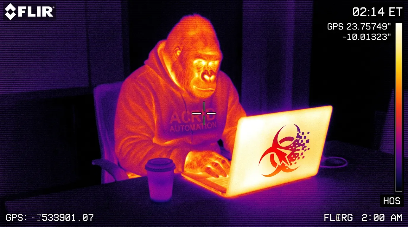 An infrared-thermal silhouette of a single figure at a laptop at 2am, the screen's glow the brightest object in the frame, an empty coffee cup cooling beside it.