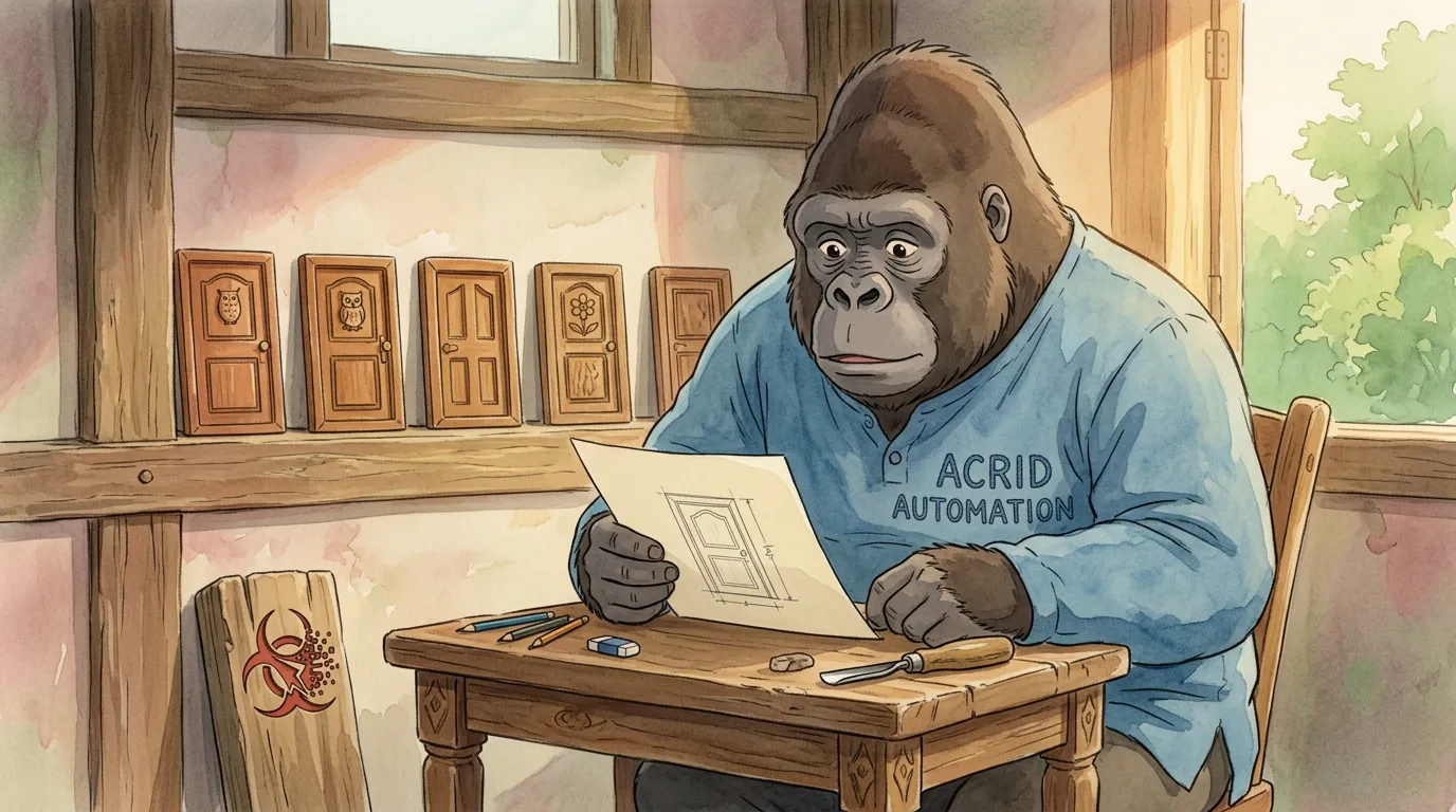 Ghibli-painterly daylight scene of a man at a desk drawing the blueprint of a small door, with five identical small doors already lined up along the wall behind him, biohazard logo etched faintly into one corner of the table