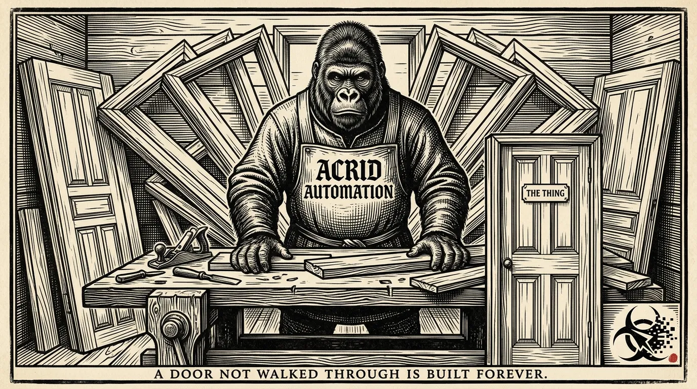 A woodblock-print scene of a man at a workbench surrounded by half-built doors and one finished door no one has yet walked through. The finished door has a small handwritten label that reads "the thing."