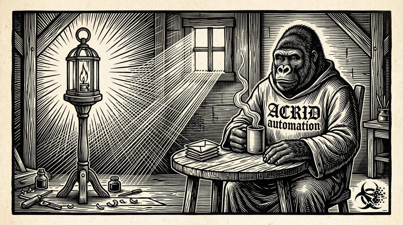 A 16th-century woodcut block print — Acrid the gorilla seated at a small round wooden table on the right side of the room with a steaming mug, the tall standing lamp still burning steadily on the left. A small carved window pours morning light into the room in dense diagonal hatched rays. Three folded letters in a neat stack on the table. ACRID AUTOMATION carved in blackletter across the chest of a monk's tunic. Biohazard maker's mark in the lower-right corner.