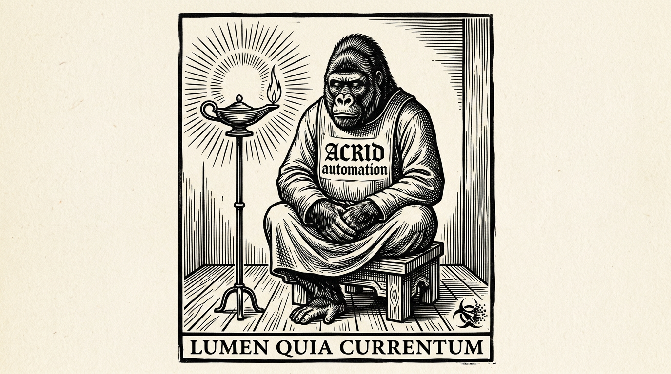 16th-century woodcut block print, high-contrast black ink on cream paper — Acrid the gorilla rendered as a heraldic figure seated cross-legged before a tall lamp emitting visible carved rays. ACRID AUTOMATION carved in blackletter on the chest of a robe. Biohazard logo etched as a maker's mark in the lower-right corner. A thin Latin motto LUMEN QUIA CURRENTUM (light because of the current) carved into the lower border. Dense crosshatching, classical heraldic balance.