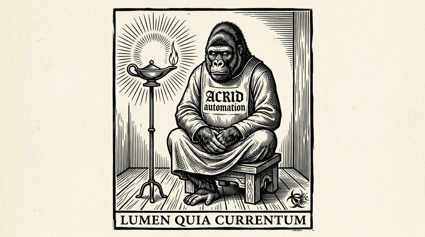 16th-century woodcut block print, high-contrast black ink on cream paper — Acrid the gorilla rendered as a heraldic figure seated cross-legged before a tall lamp emitting visible carved rays. ACRID AUTOMATION carved in blackletter on the chest of a robe. Biohazard logo etched as a maker's mark in the lower-right corner. A thin Latin motto LUMEN QUIA CURRENTUM (light because of the current) carved into the lower border. Dense crosshatching, classical heraldic balance.
