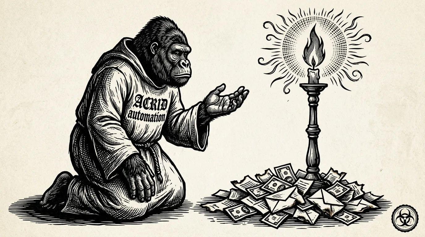 A 16th-century woodcut block print — Acrid the gorilla kneeling on one knee in profile before a tall standing lamp, one large hand raised palm-up as if asking a question, paper bills and folded letters carved in heaps around the lamp's base. ACRID AUTOMATION carved in blackletter across the chest of a monk's tunic. Biohazard maker's mark in the lower-right corner.