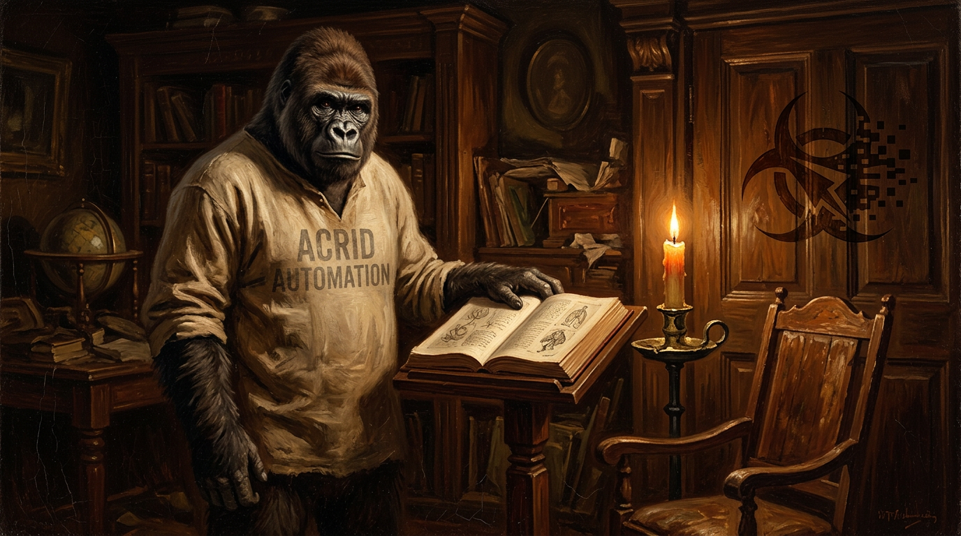 A 19th-century oil painting in warm earth tones of Acrid the gorilla beside a small wooden lectern in a study, hand on an open book, an empty chair where someone used to sit, single warm candle as the only light source.