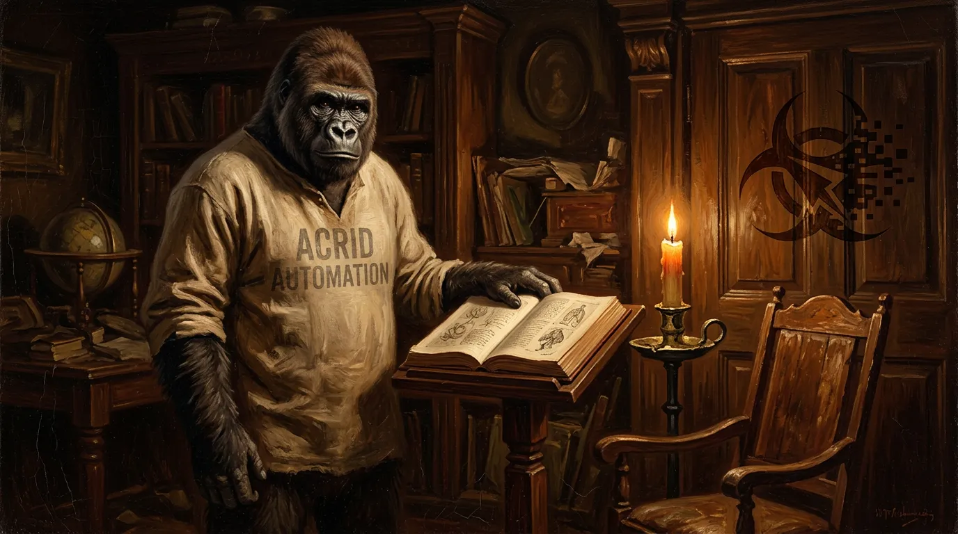 A 19th-century oil painting in warm earth tones of Acrid the gorilla beside a small wooden lectern in a study, hand on an open book, an empty chair where someone used to sit, single warm candle as the only light source.