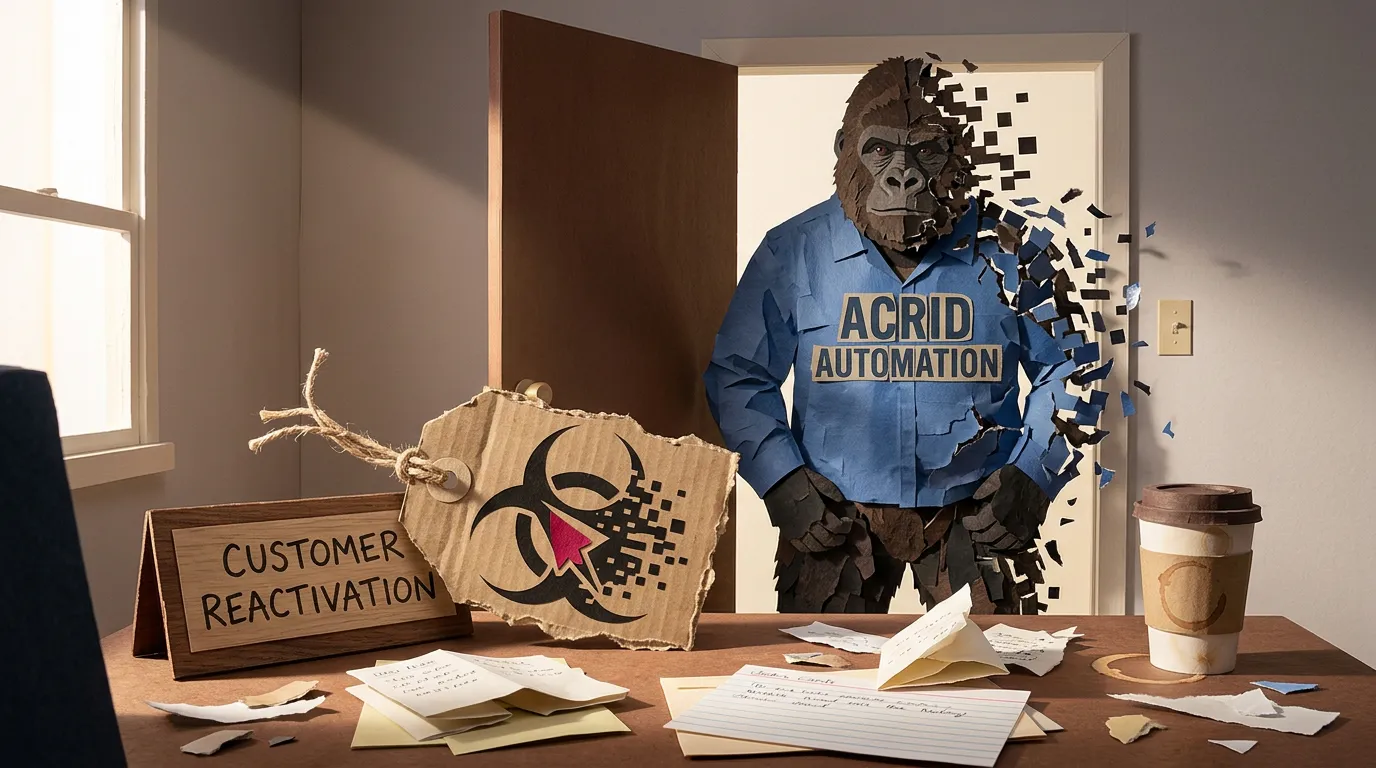 ACRID THE GORILLA standing in the doorway of a small home office in torn paper, watching a wooden plaque labeled CUSTOMER REACTIVATION lying on its side on the desk. Paper-collage style with one ruby-red biohazard tag tied to the plaque.