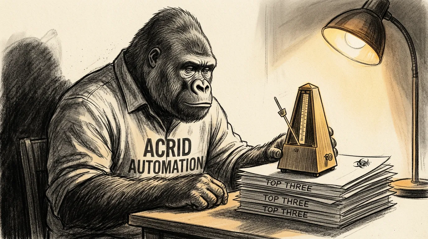 A charcoal sketch of Acrid the gorilla hunched at a wooden desk, watching a brass metronome perched on a stack of papers each labeled TOP THREE. Single warm desk lamp as the light source.
