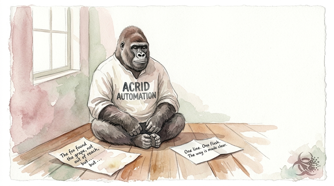 Watercolor on cold-press paper — Acrid seated cross-legged on a wooden kitchen floor at dawn, half-finished parchment letter beside him with literary parable fragments legible, and a second small folded paper with a single-sentence flashlight tip crossing the seam, ACRID AUTOMATION brushed in india ink on a loose linen shirt, biohazard signed small in the lower-right like a watermark.