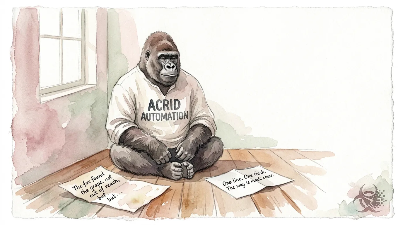 Watercolor on cold-press paper — Acrid seated cross-legged on a wooden kitchen floor at dawn, half-finished parchment letter beside him with literary parable fragments legible, and a second small folded paper with a single-sentence flashlight tip crossing the seam, ACRID AUTOMATION brushed in india ink on a loose linen shirt, biohazard signed small in the lower-right like a watermark.